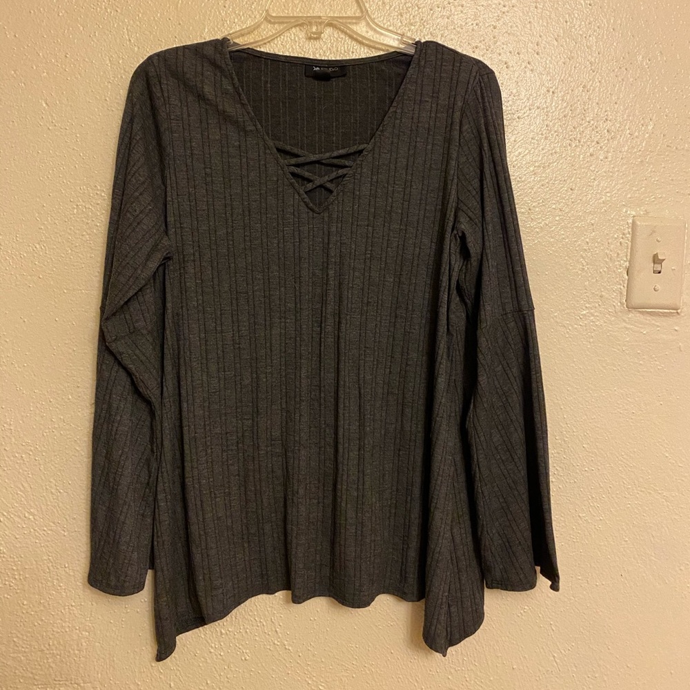 Grey AB Studio Ribbed Bell-sleeve top